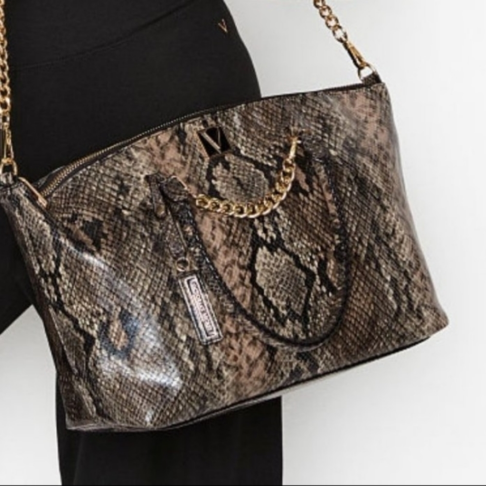 Victory Secret Bag Purse Faux Snake Skin Slouch Crossbody Shoulder Black Tan